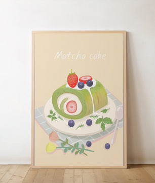 Illustration of a Matcha Roll Cake with Fresh Berries on Pastel Background - Mi tienda