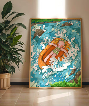 Adventurous raft ride down a vibrant cartoon river with character