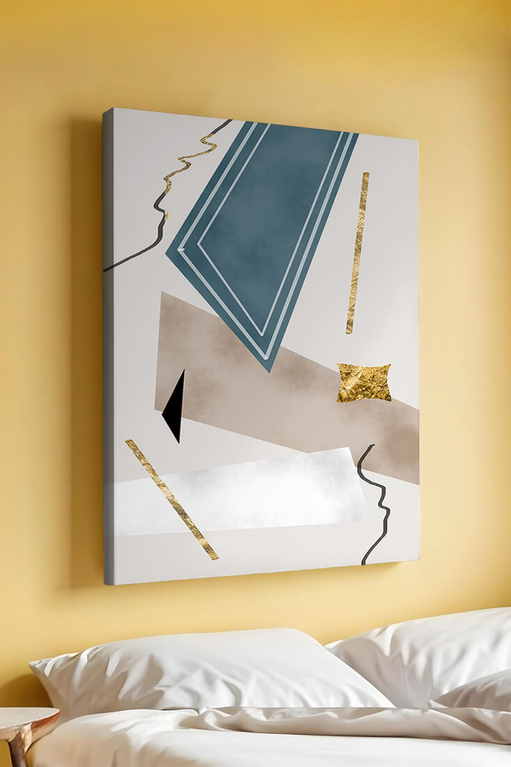 Abstract geometric artwork with gold accents and dynamic shapes