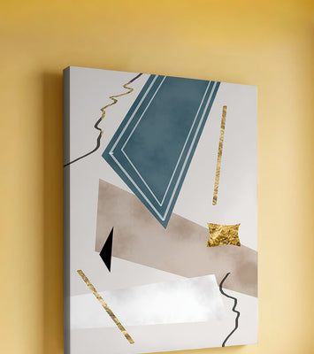 Abstract geometric artwork with gold accents and dynamic shapes