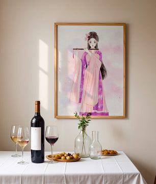Illustration élégante à l’aquarelle d’une femme traditionnelle en tenue rose