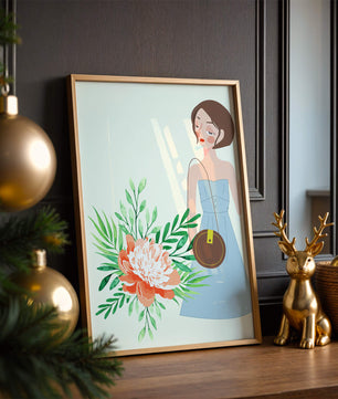 Ilustración de una mujer en vestido azul con diseño floral