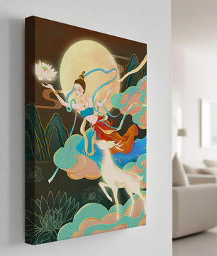 Ilustración serena de una mujer mística con ciervos en un paisaje iluminado por la luna
