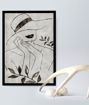 Abstract Woman in Hat with Minimalist Leaf Design
