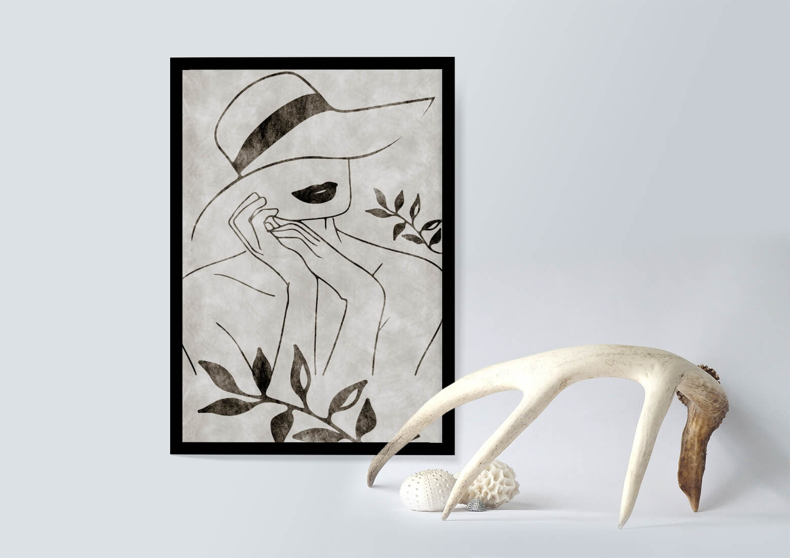 Abstract Woman in Hat with Minimalist Leaf Design