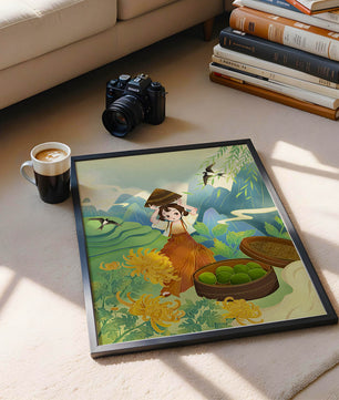 Young girl with basket in vibrant mountain landscape with birds and flowers