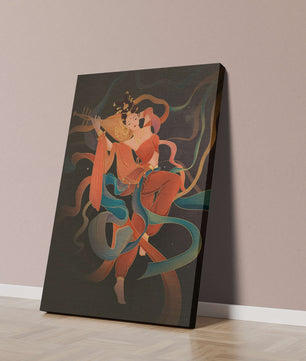 Elegant depiction of a goddess playing a lute with flowing ribbons
