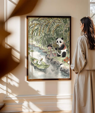 Escena caprichosa con un panda y un conejo junto al río