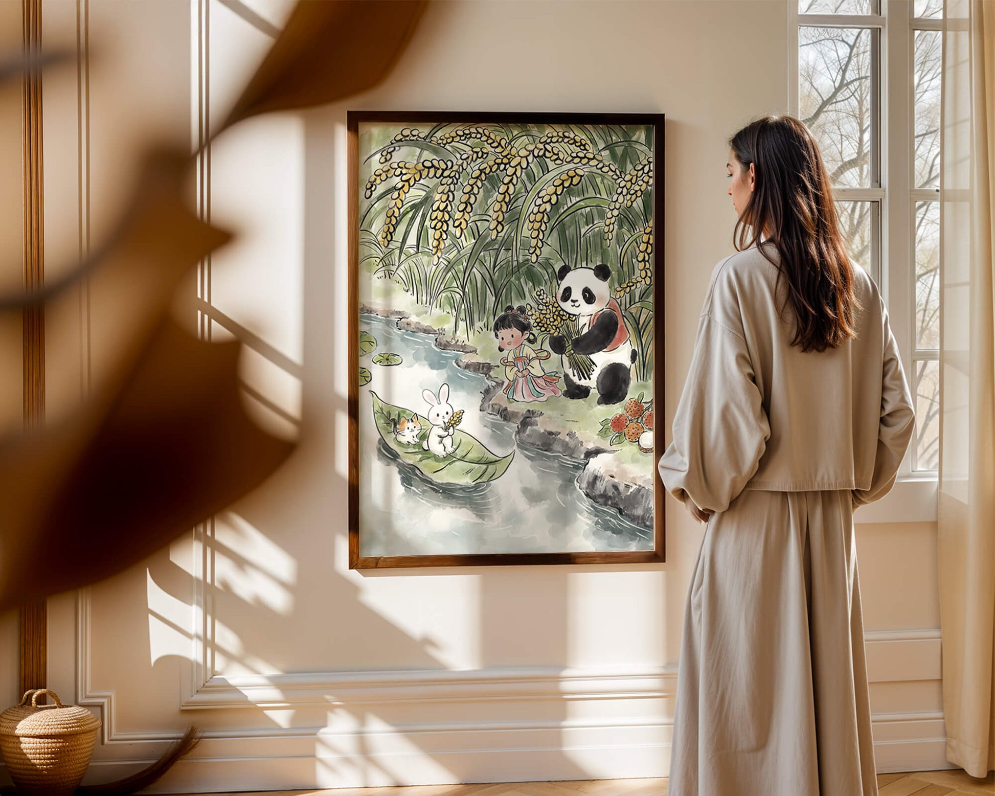 Escena caprichosa con un panda y un conejo junto al río