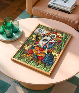 Colorful panda dressed in traditional Chinese opera costume surrounded by bamboo