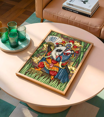 Colorful panda dressed in traditional Chinese opera costume surrounded by bamboo