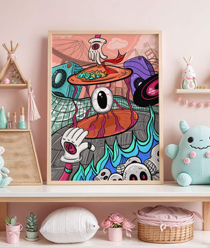 Ilustración abstracta surrealista colorida con un ojo vívido y elementos surrealistas