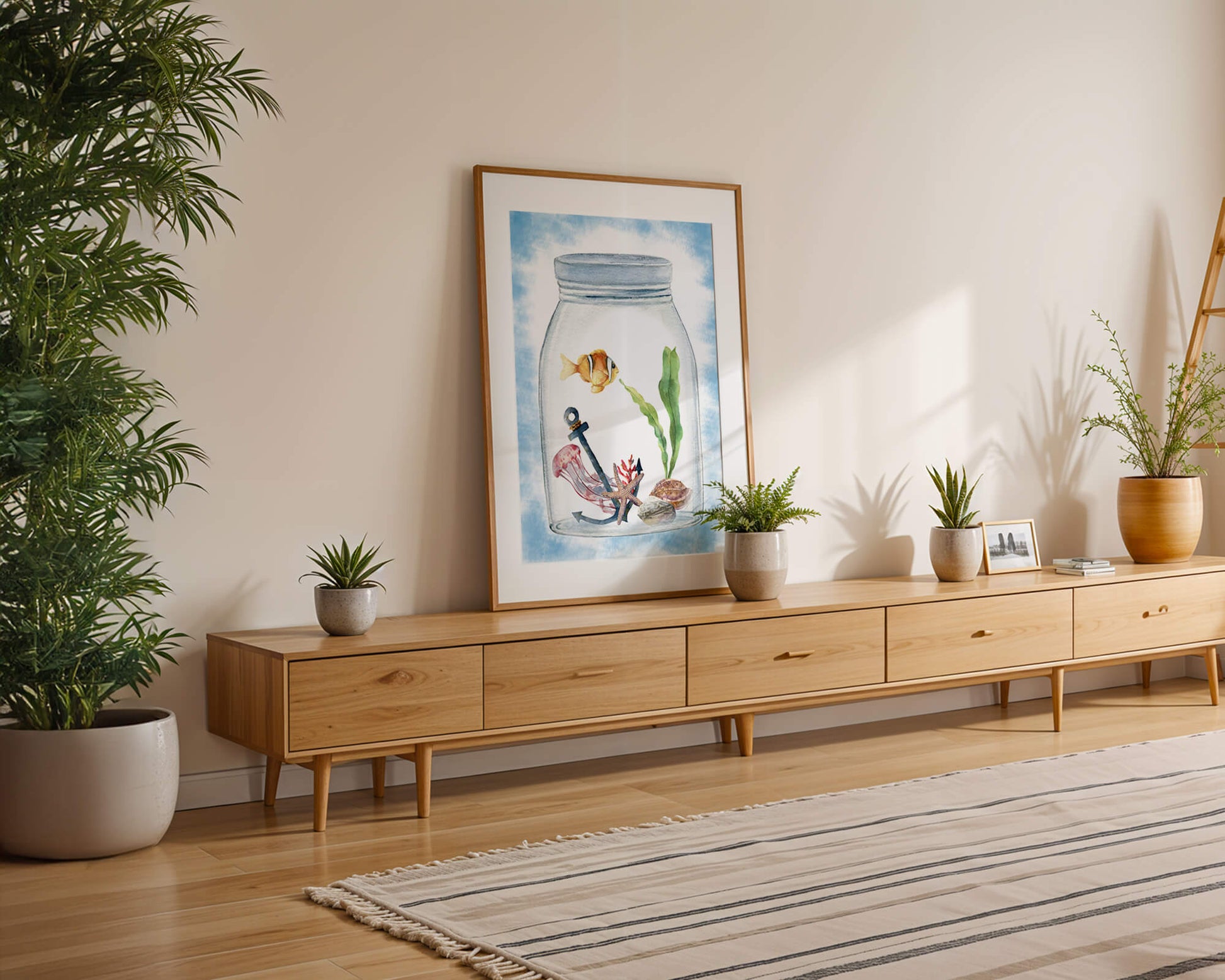 Watercolor illustration of marine life in a jar with a clownfish