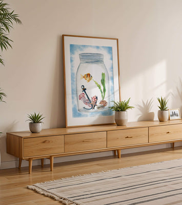 Watercolor illustration of marine life in a jar with a clownfish