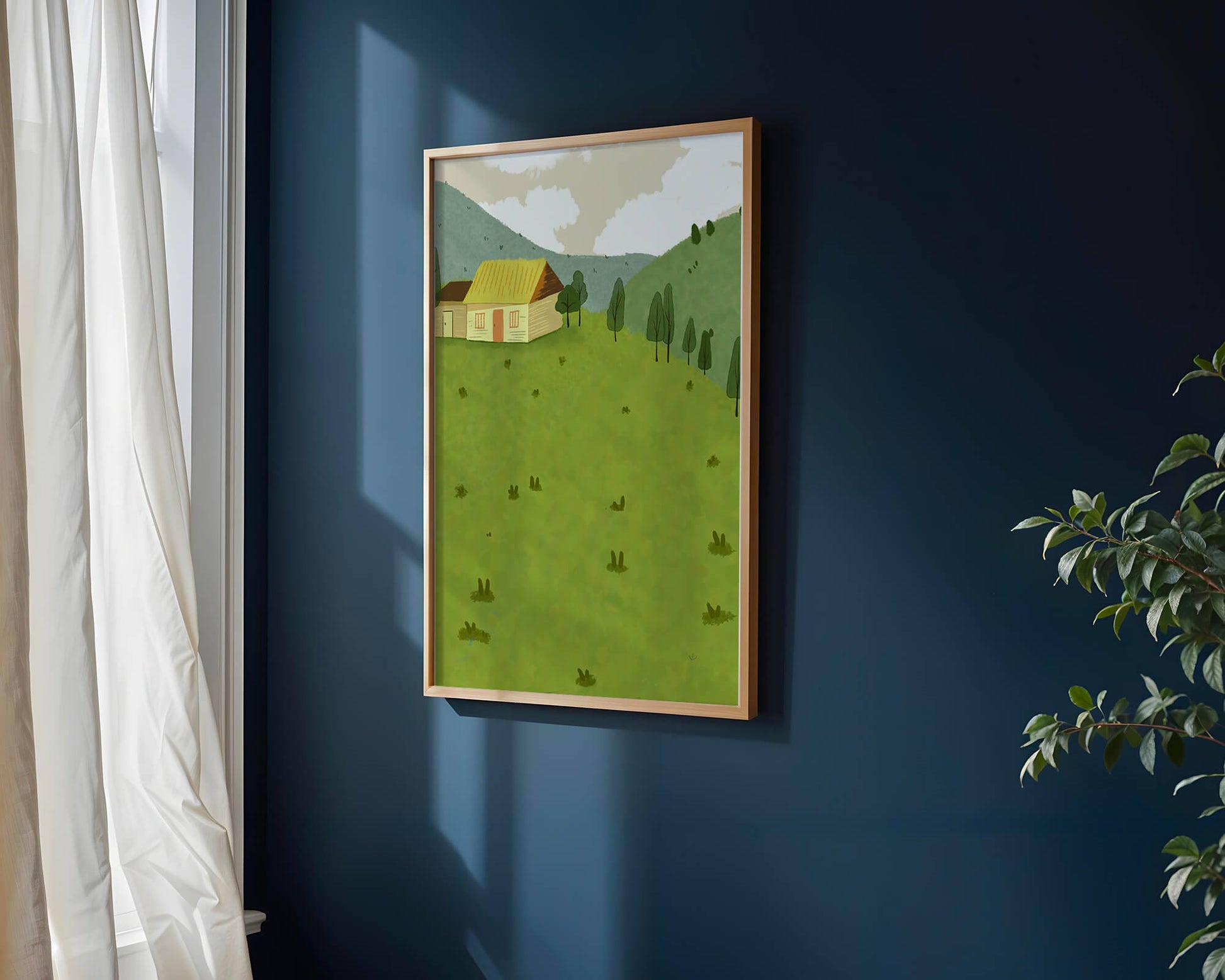 Charming countryside landscape with house and green hills