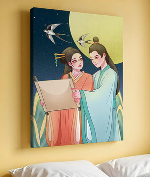 Elegant illustration of traditional attire with scroll and swallows under a full moon