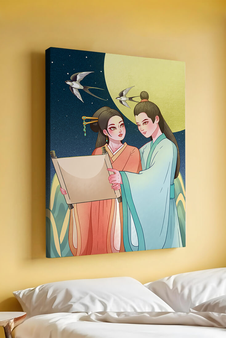 Elegant illustration of traditional attire with scroll and swallows under a full moon
