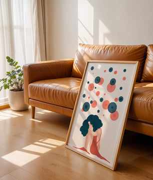 Abstract Illustration of a Woman with Curly Blue Hair Surrounded by Colorful Circles - Mi tienda