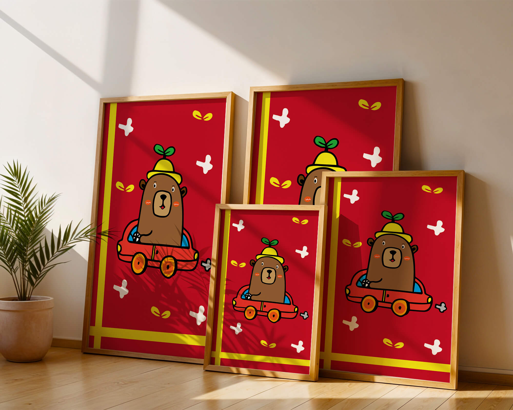 Whimsical bear driving a car on a bright red background
