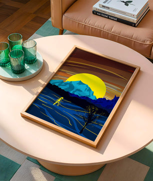 Paisaje surrealista con una puesta de sol vibrante y silueta