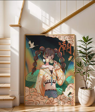 Anime girl with glasses surrounded by nature and cranes