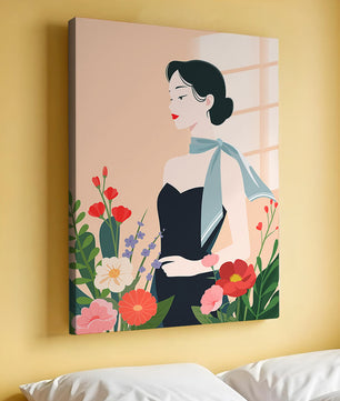 Elegant Woman with Floral Background and Scarf