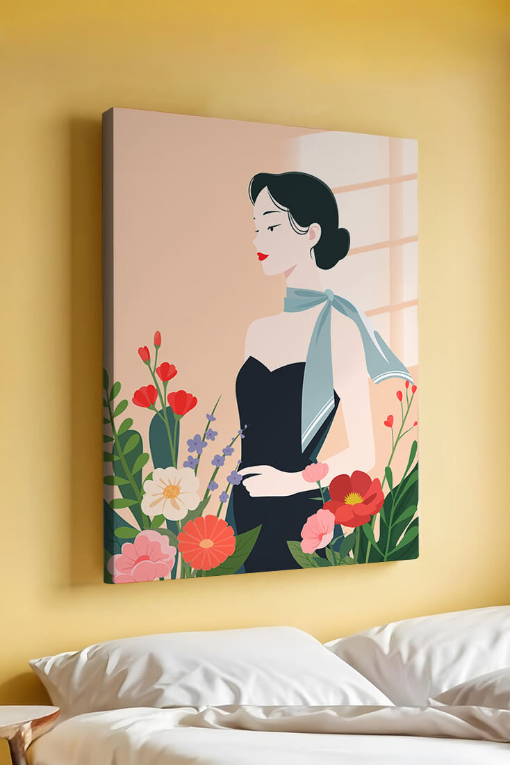 Mujer elegante con fondo floral y bufanda