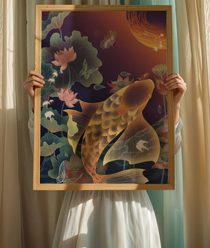 Bunte Koi-Fische mit Lotusblumen und Schmetterlingen bei Sonnenuntergang