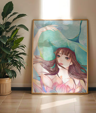 Serene water-inspired portrait of a woman with flowers