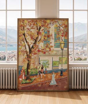Herbstliche Stadtszene mit bunten Blättern und Menschen beim Spaziergang
