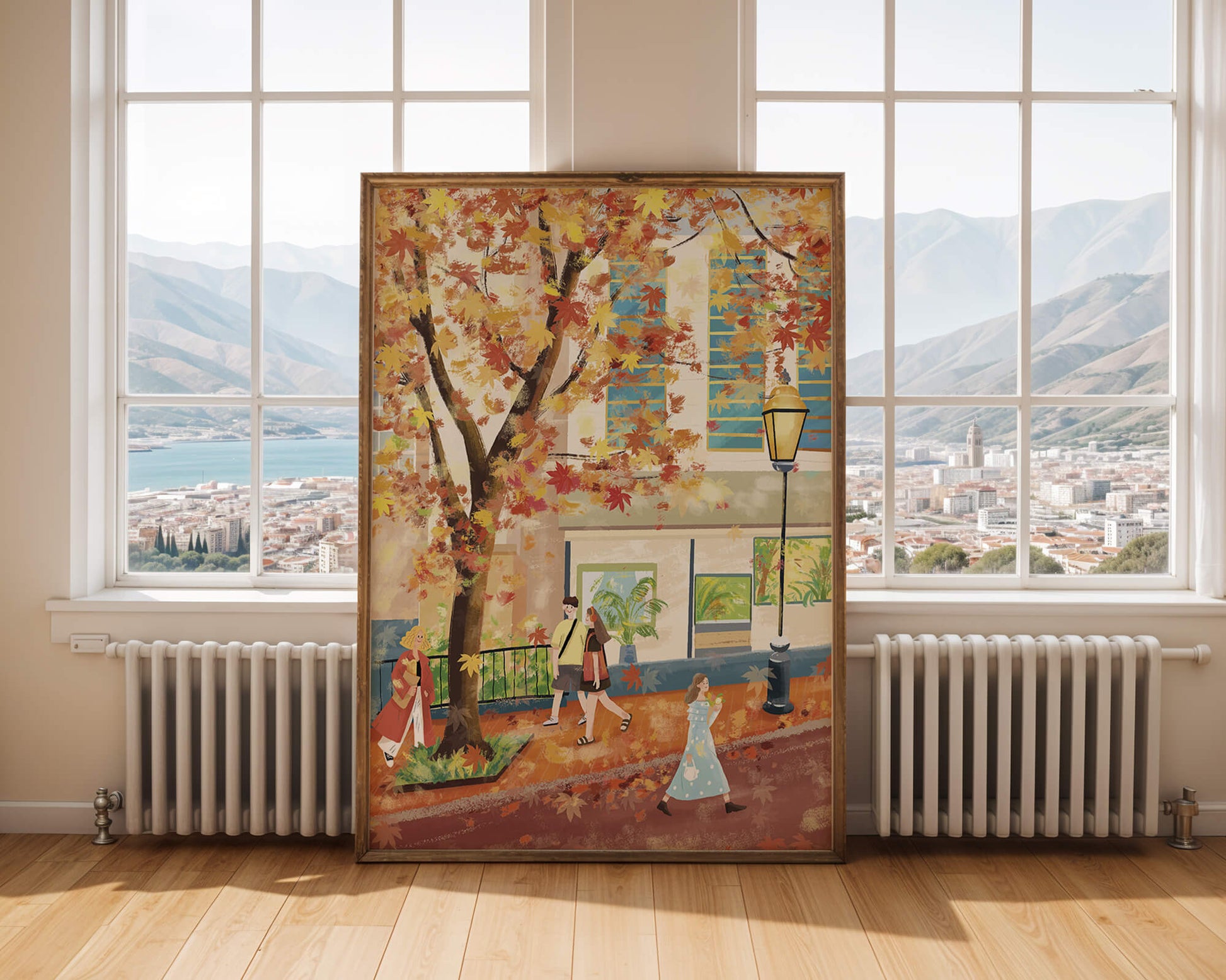 Calle de la ciudad en otoño con hojas coloridas y personas caminando