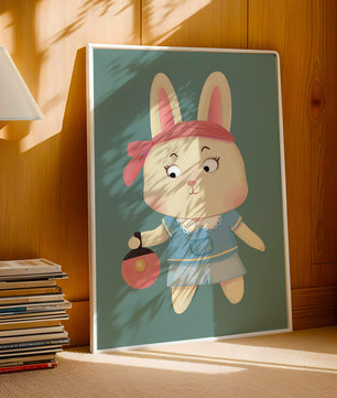 Illustration d'un lapin cartoon avec un bandeau et un sac rond