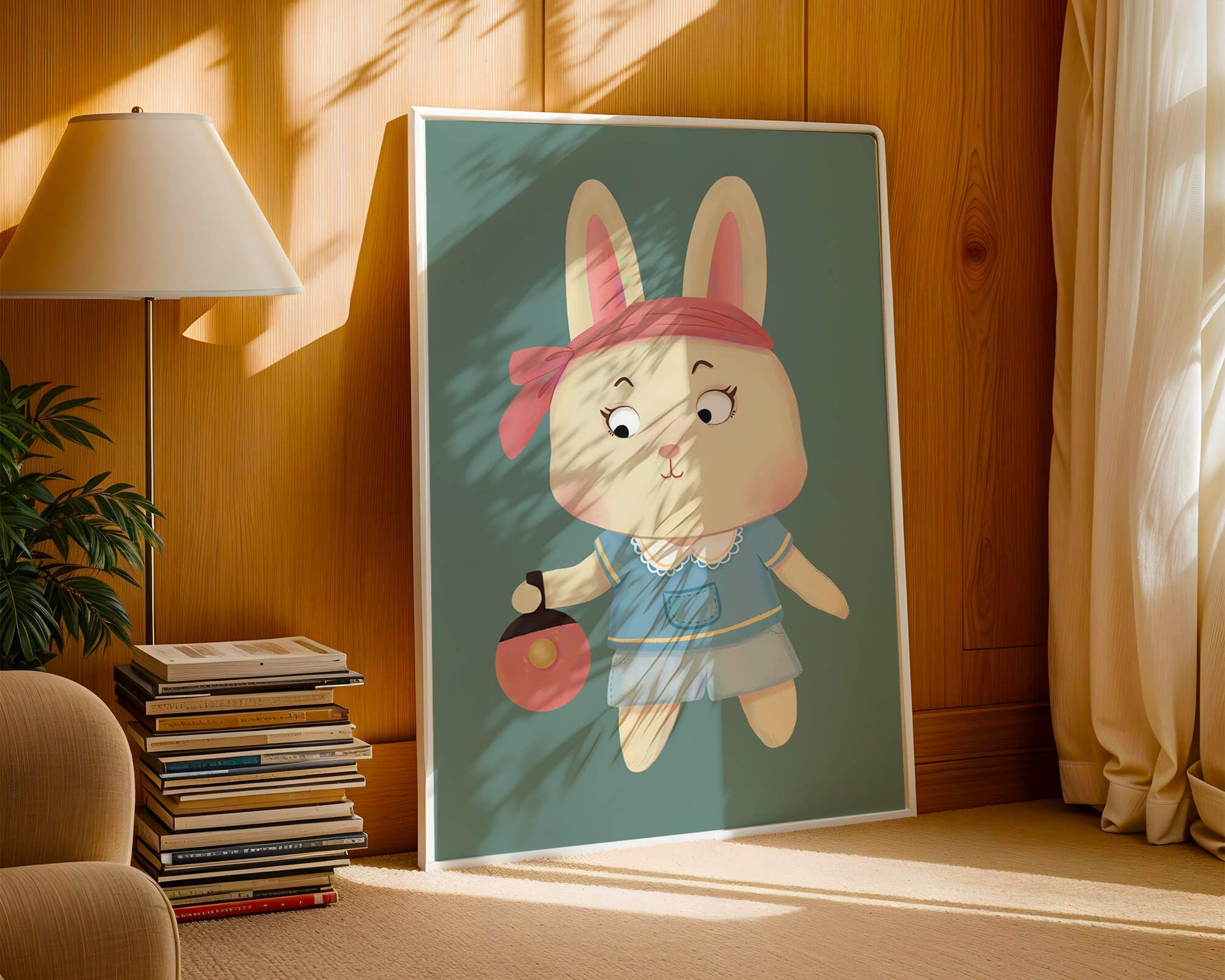 Illustration d'un lapin cartoon avec un bandeau et un sac rond