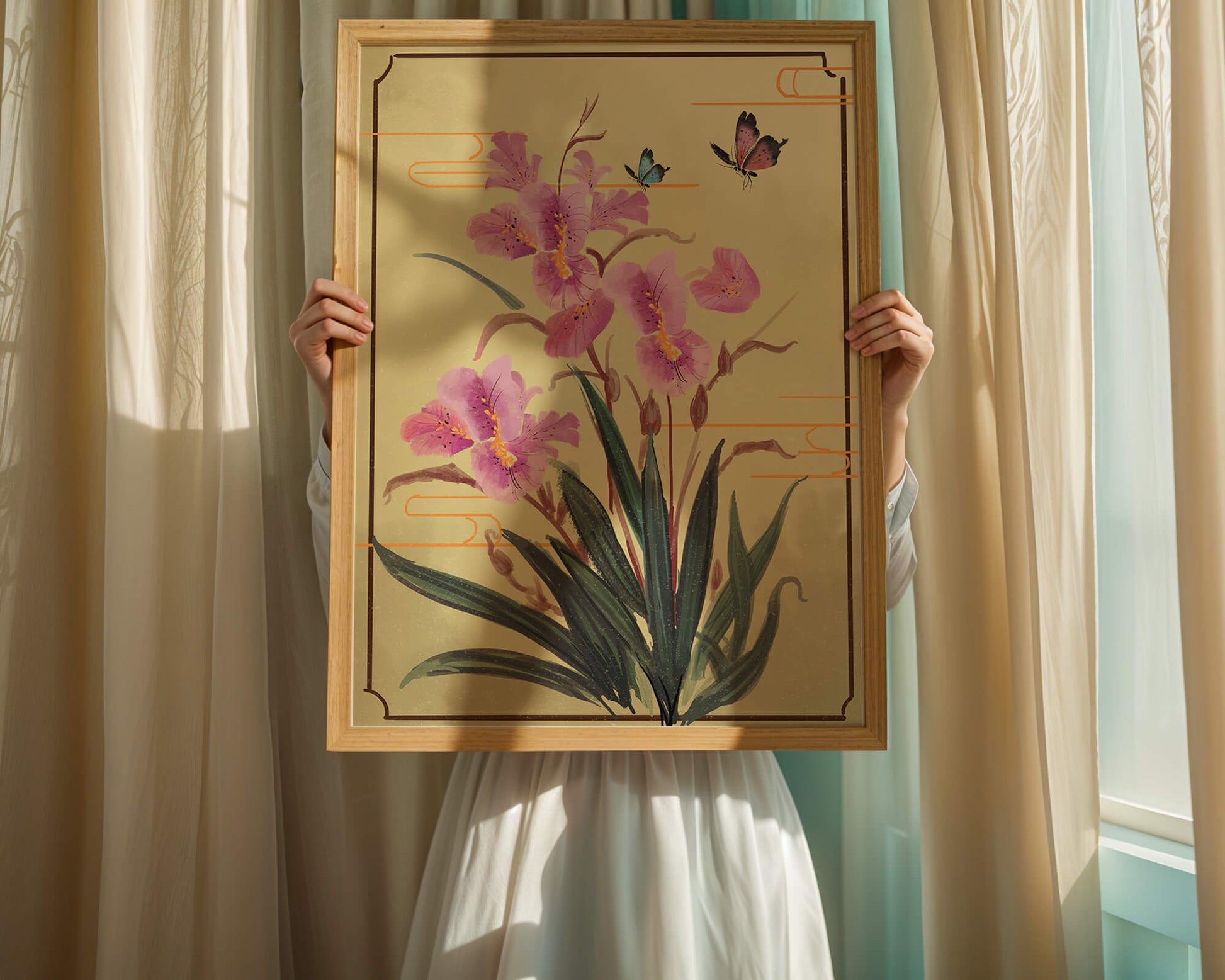 Elegant Floral Composition with Butterflies and Ornamental Background