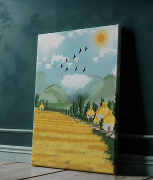 Sunny Countryside With Birds And Golden Fields