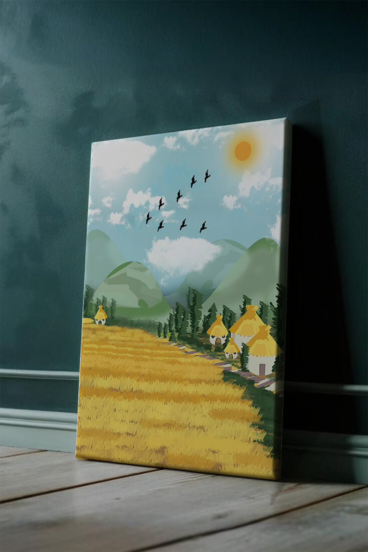 Sunny Countryside With Birds And Golden Fields