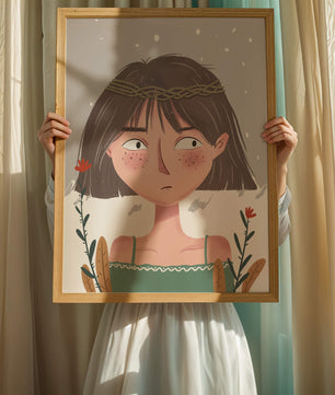 Illustrated girl with a braided crown, floral accents, and expressive features