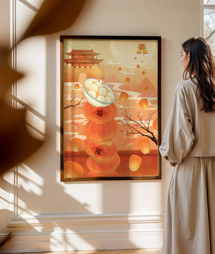 Scène de festival traditionnel chinois avec des lanternes et des raviolis