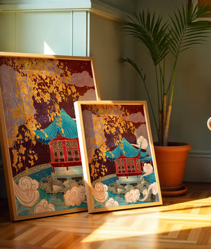 Traditional Chinese Pavilion with Gold Leaves and Clouds