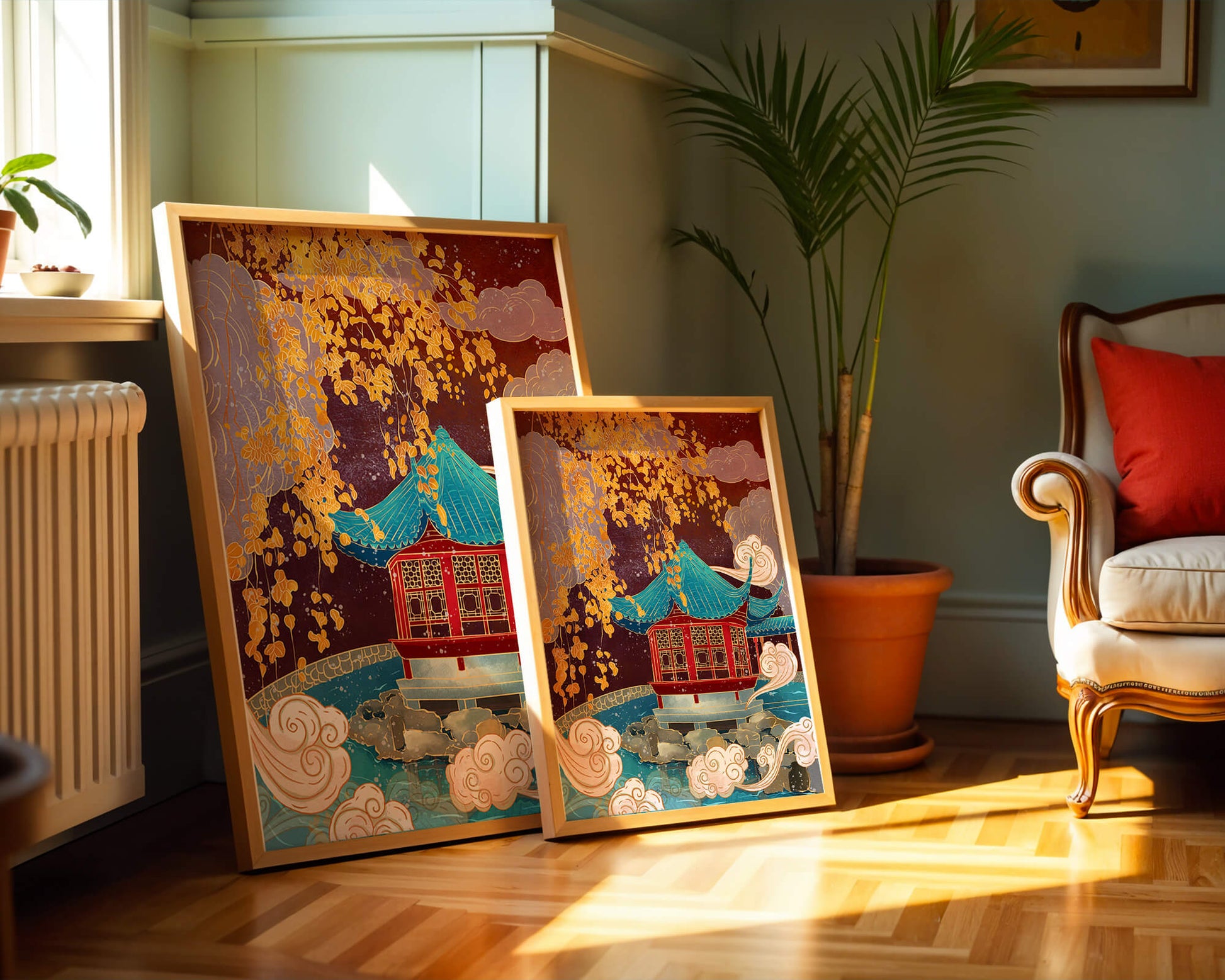 Pabellón chino tradicional con hojas doradas y nubes