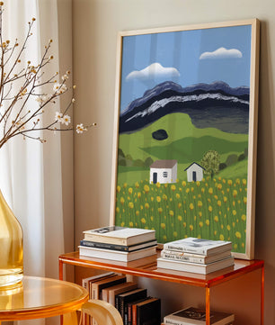 Peaceful Rural Landscape with Houses and Yellow Flowers under Blue Sky