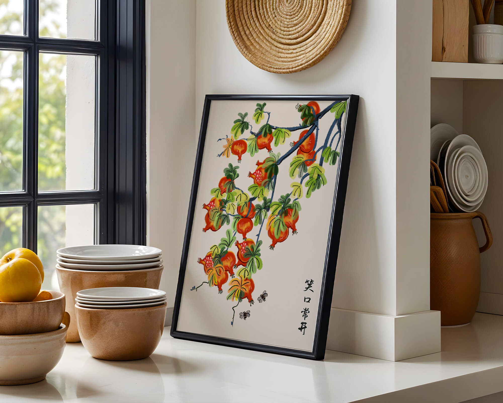 Artistic illustration of vibrant pomegranates on a branch with Asian aesthetic