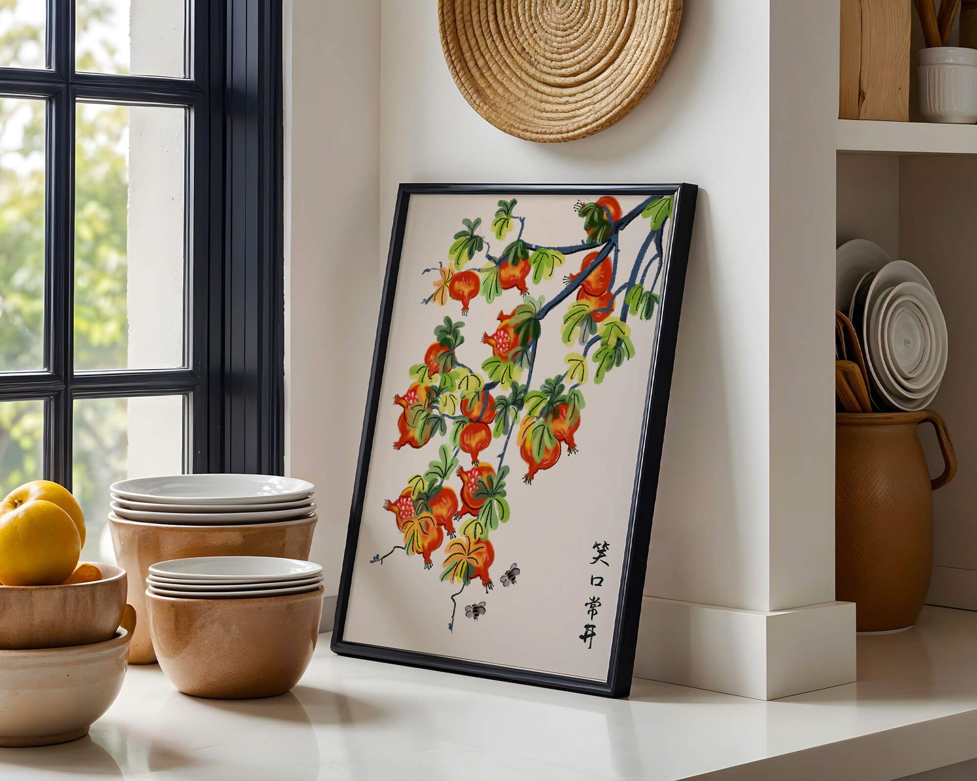 Artistic illustration of vibrant pomegranates on a branch with Asian aesthetic