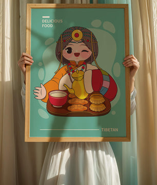 Charmanter tibetischer Charakter mit traditioneller Lebensmittelillustration