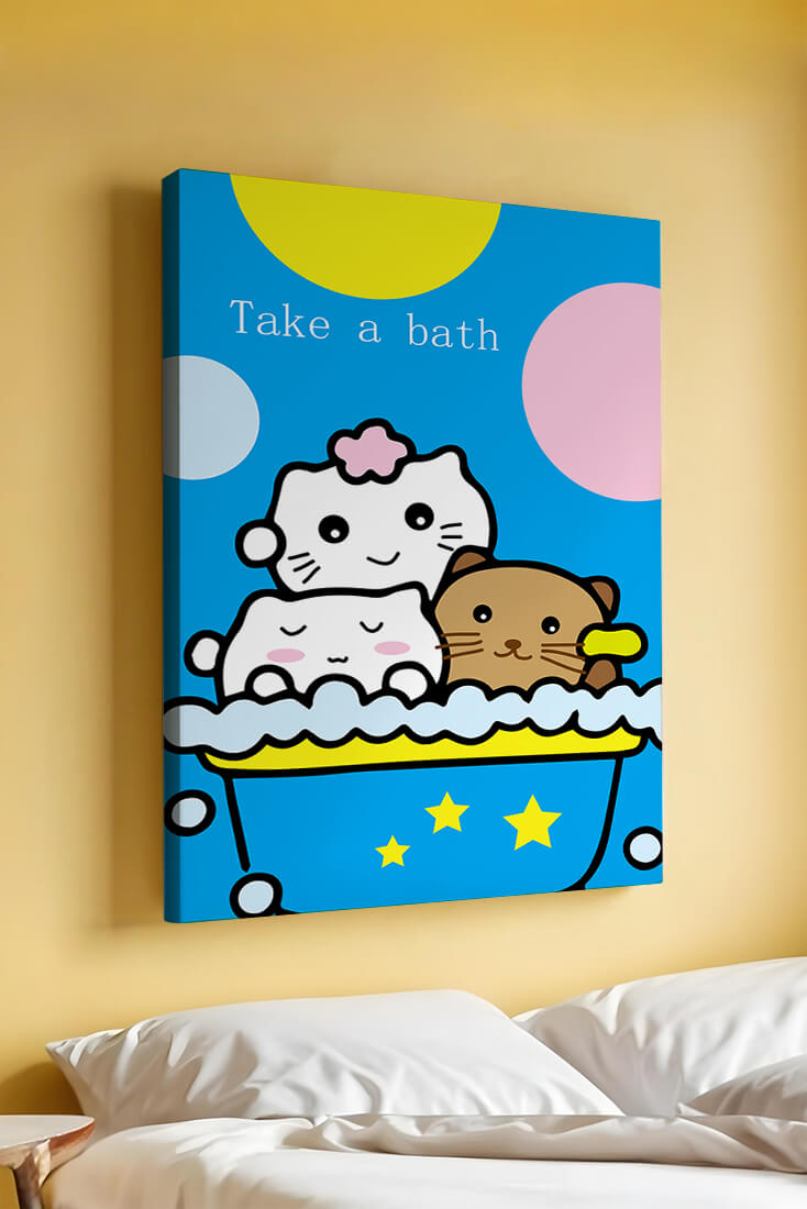 Adorable cartoon characters in a bubble bath with vibrant background