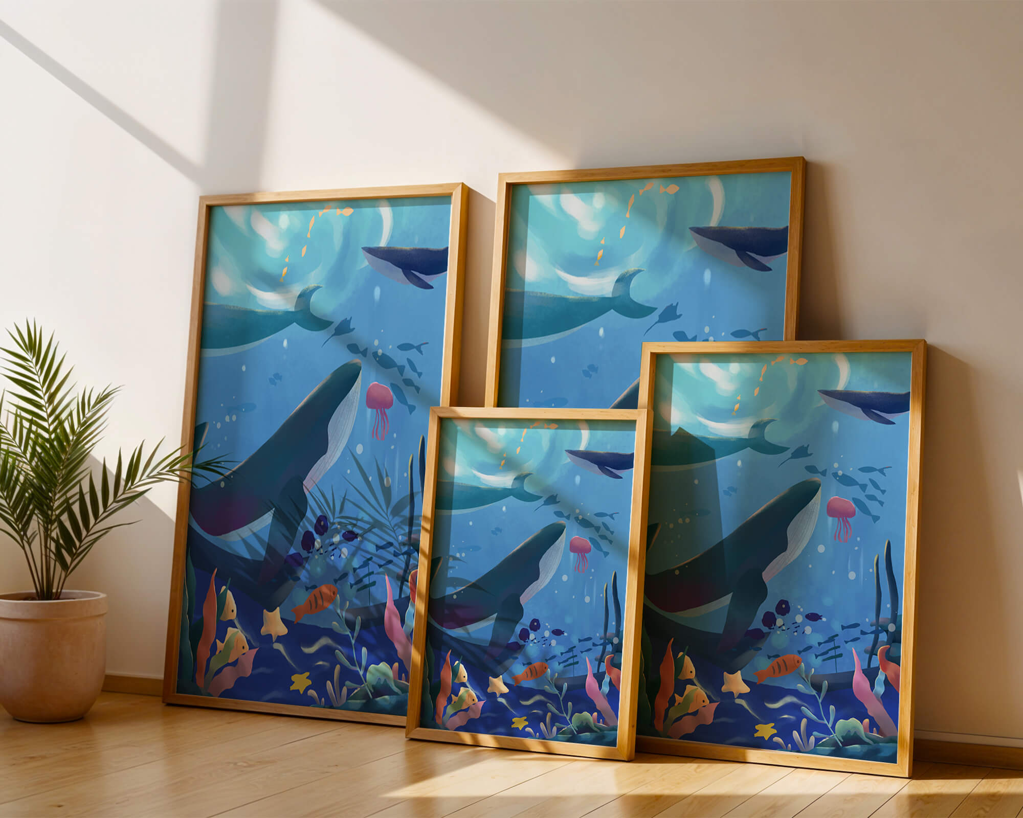 Underwater scene with whales, fish, and coral reef