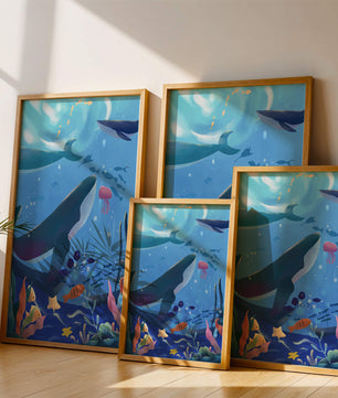 Escena submarina con ballenas, peces y arrecife de coral