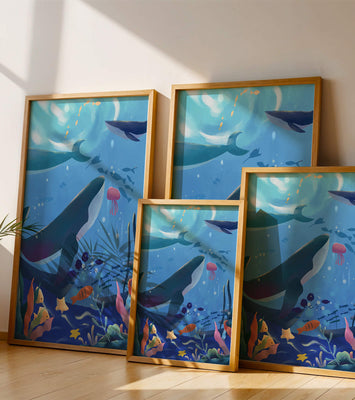 Underwater scene with whales, fish, and coral reef