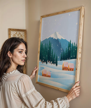 Winter Mountain Landscape with Snowy Cabins and Forest - Mi tienda