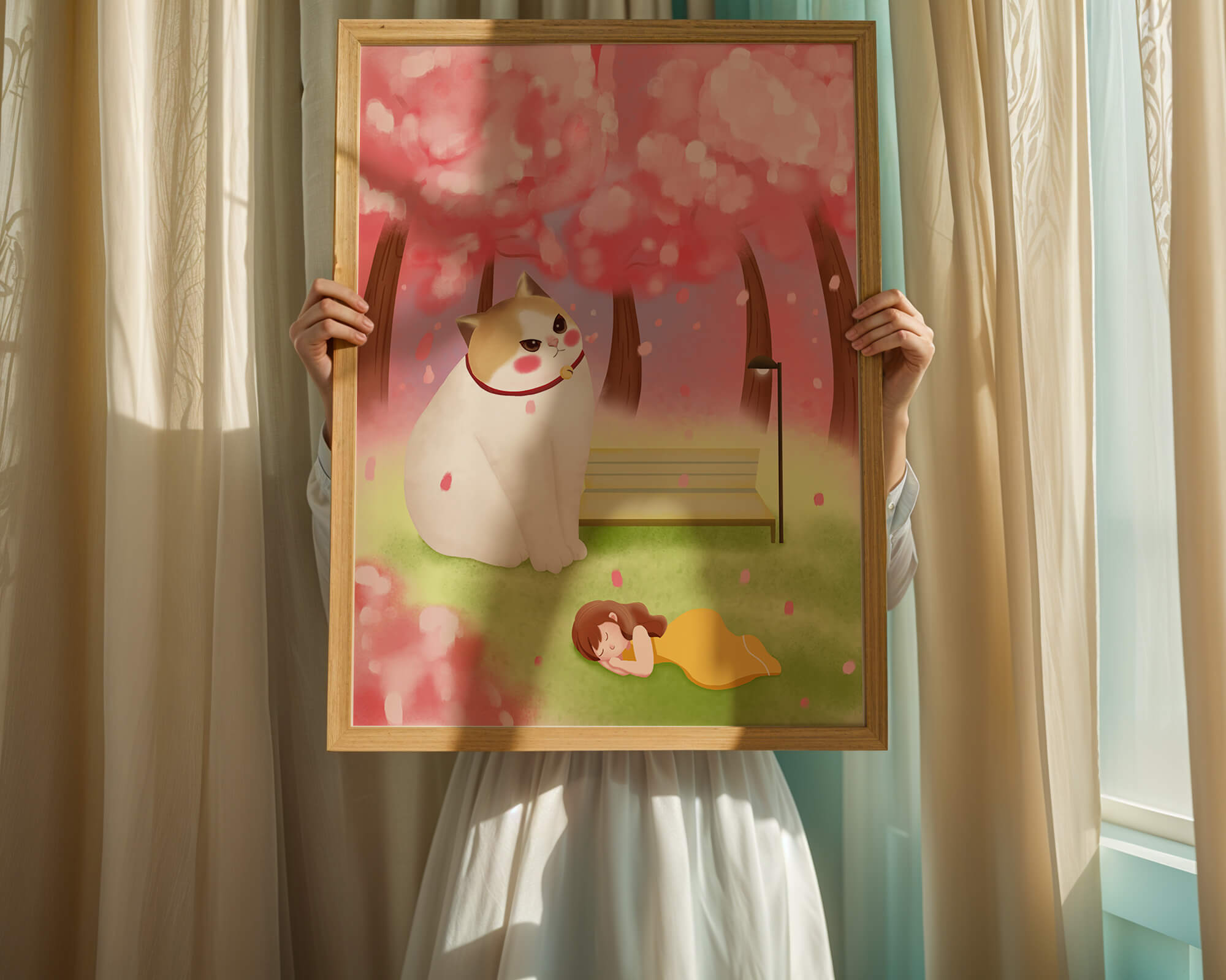 Whimsical scene with giant cat and girl under cherry blossoms